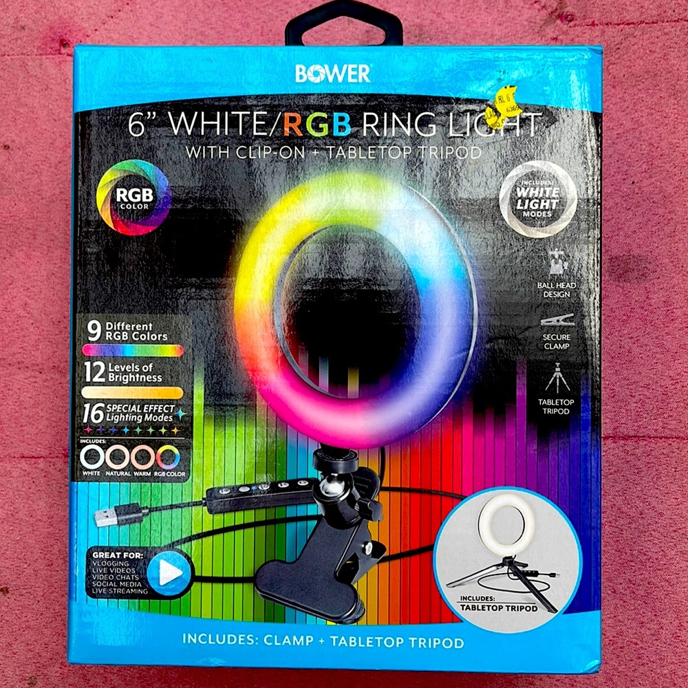 NIB  Bower Live streaming 6” RGB/white ring light Table tripod and clip on